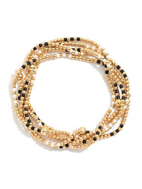 Set of 5 Game Day Beaded Stretch Bracelet Stack Black White Gold Heishi